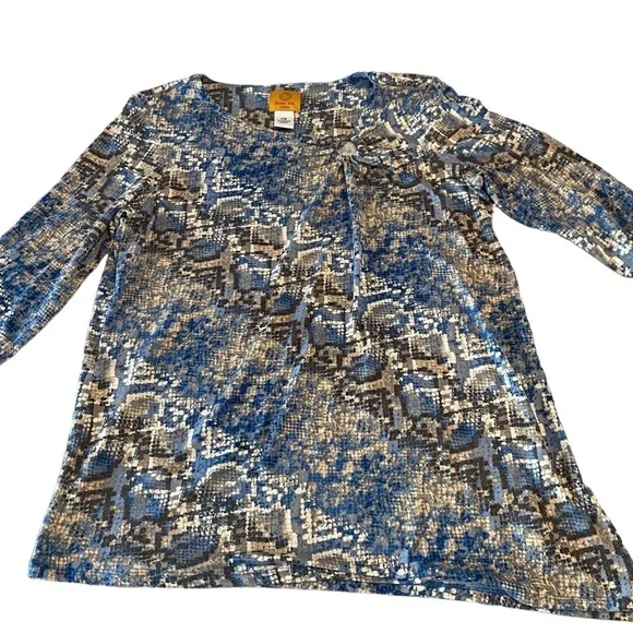 RUBY Rd Petite Small Business Casual Top Blue Brown Cream - Picture 1 of 9